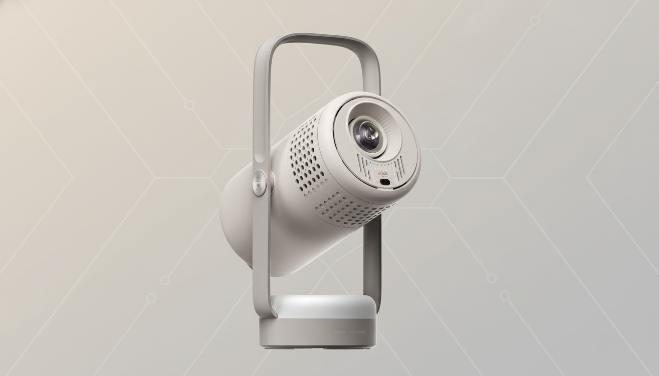 A beige portable projector with a handle, set against a professional light gray background with subtle geometric patterns.