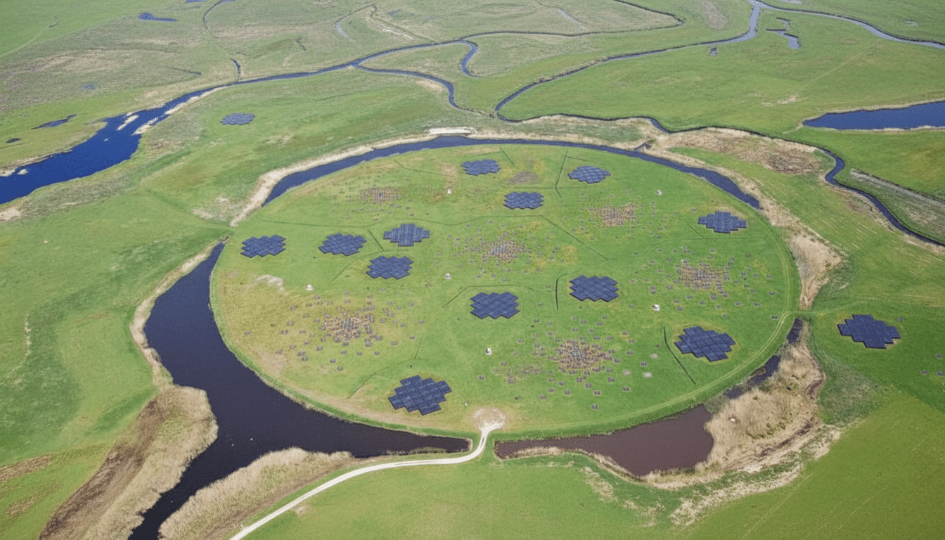 An aerial view of a circular green field surrounded by water, with numerous dark, hexagonal solar panels arranged in clusters across its surface.