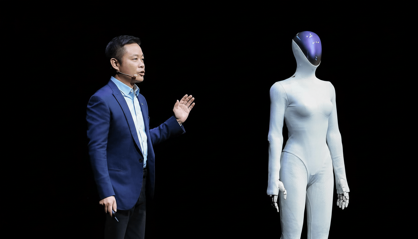 A man in a suit presenting next to a humanoid robot on a black stage.