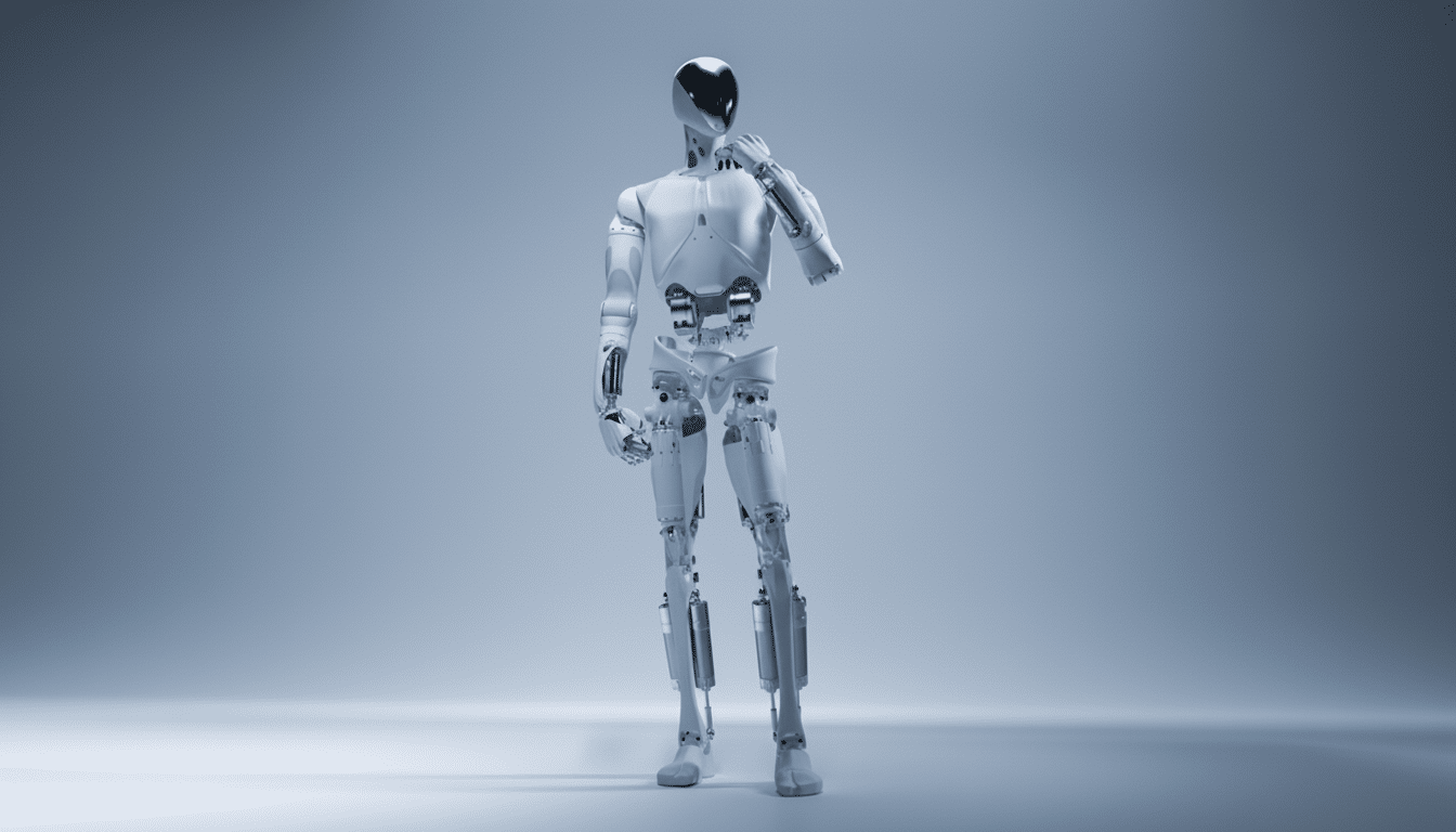 A white and silver humanoid robot stands in a thoughtful pose against a light grey background.