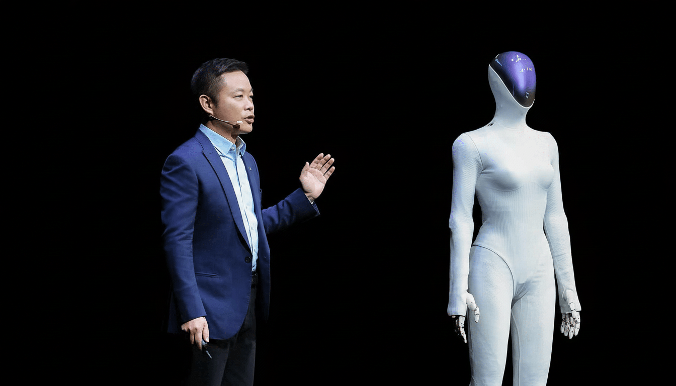A man in a blue suit stands next to a white humanoid robot with a purple face on a black stage.