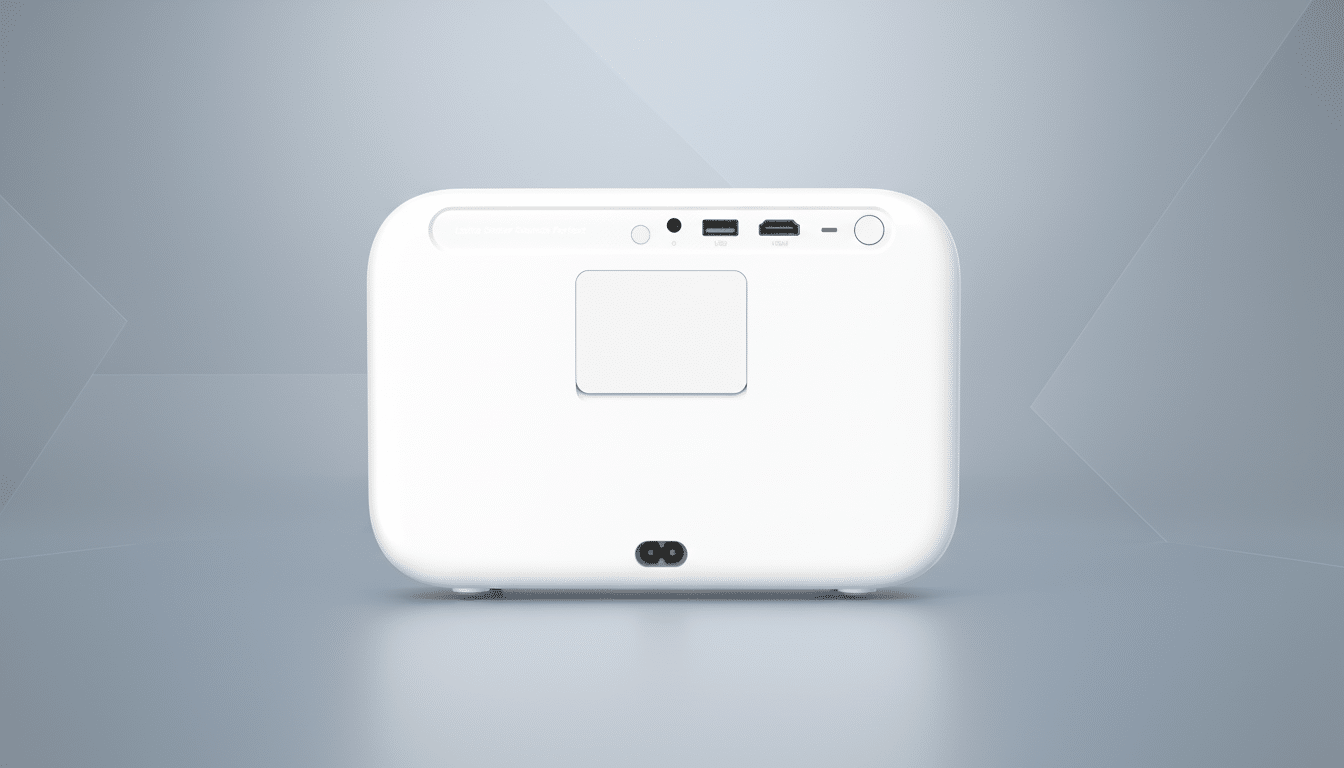 A white projector with various ports on the back, set against a professional flat design background with soft patterns and gradients.