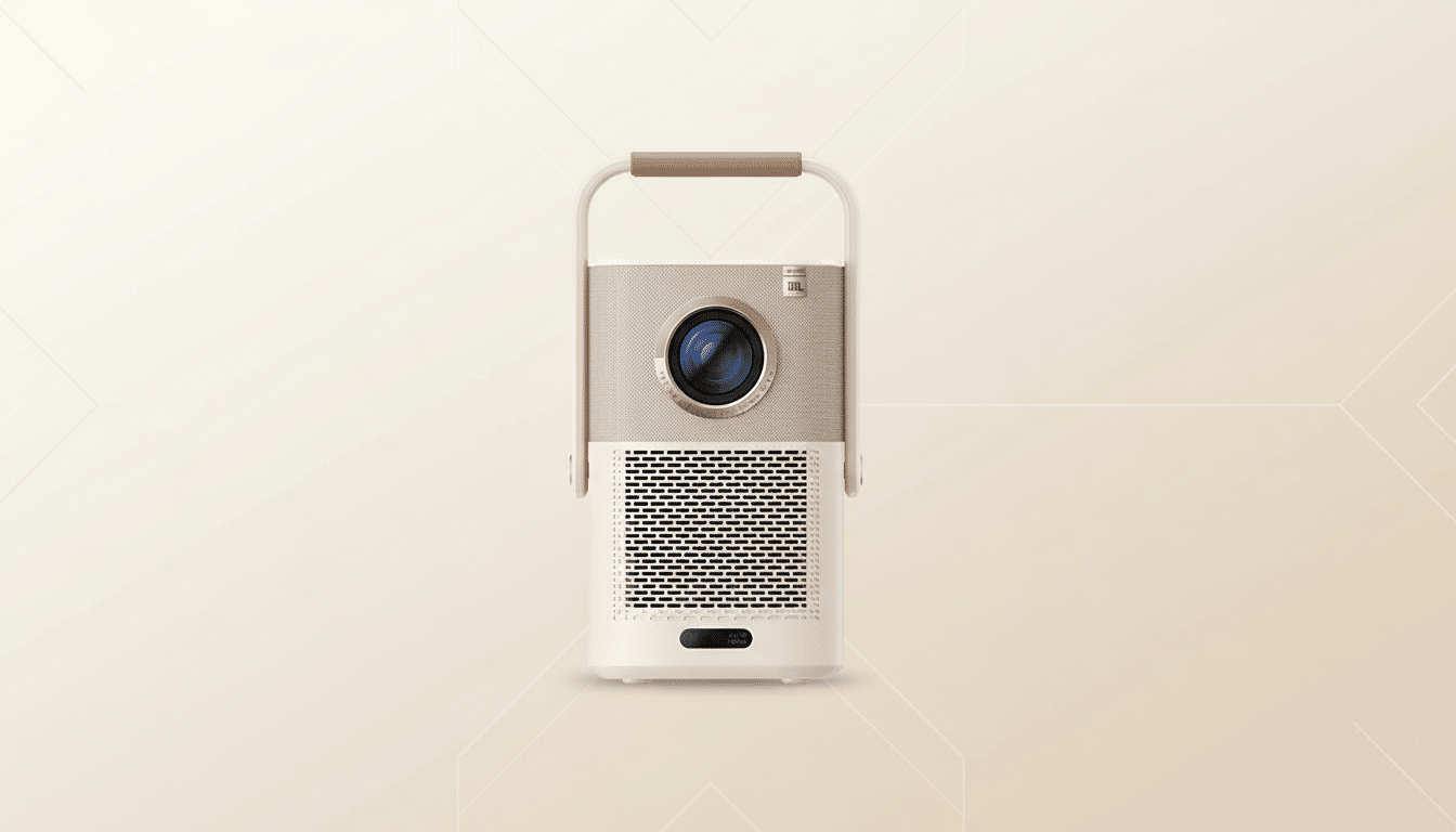 A beige and white portable projector with a brown handle, set against a professional light beige background with subtle geometric patterns.