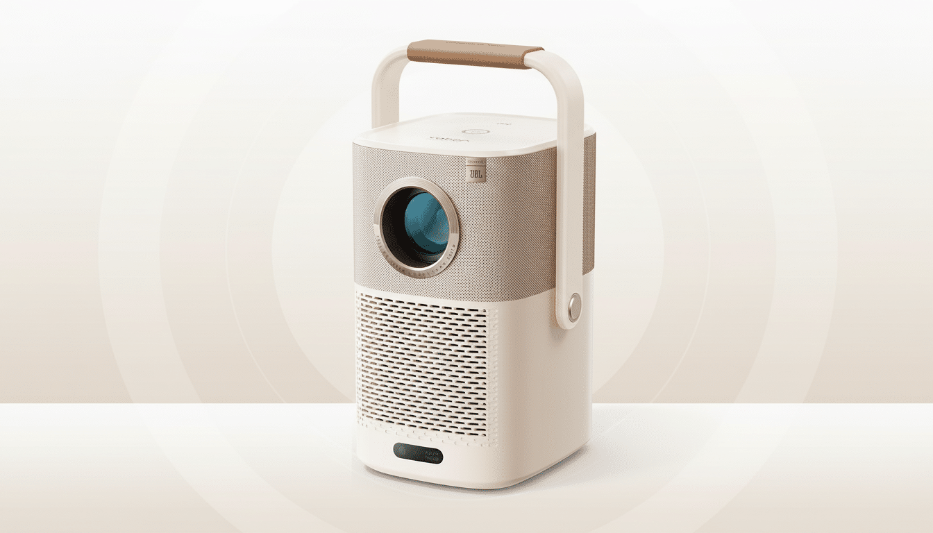 A cream-colored portable projector with a brown handle and a JBL logo, set against a professional flat design background with soft patterns and gradients.