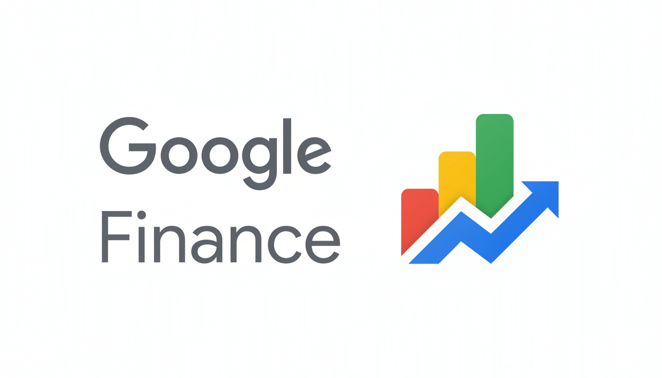 The Google Finance logo, featuring the word Google in dark gray above Finance in the same color, positioned to the left of a colorful icon. The icon consists of three vertical bars in red, yellow, and green, increasing in height from left to right, with a blue upward-trending arrow overlaid in front of them. The background is white.