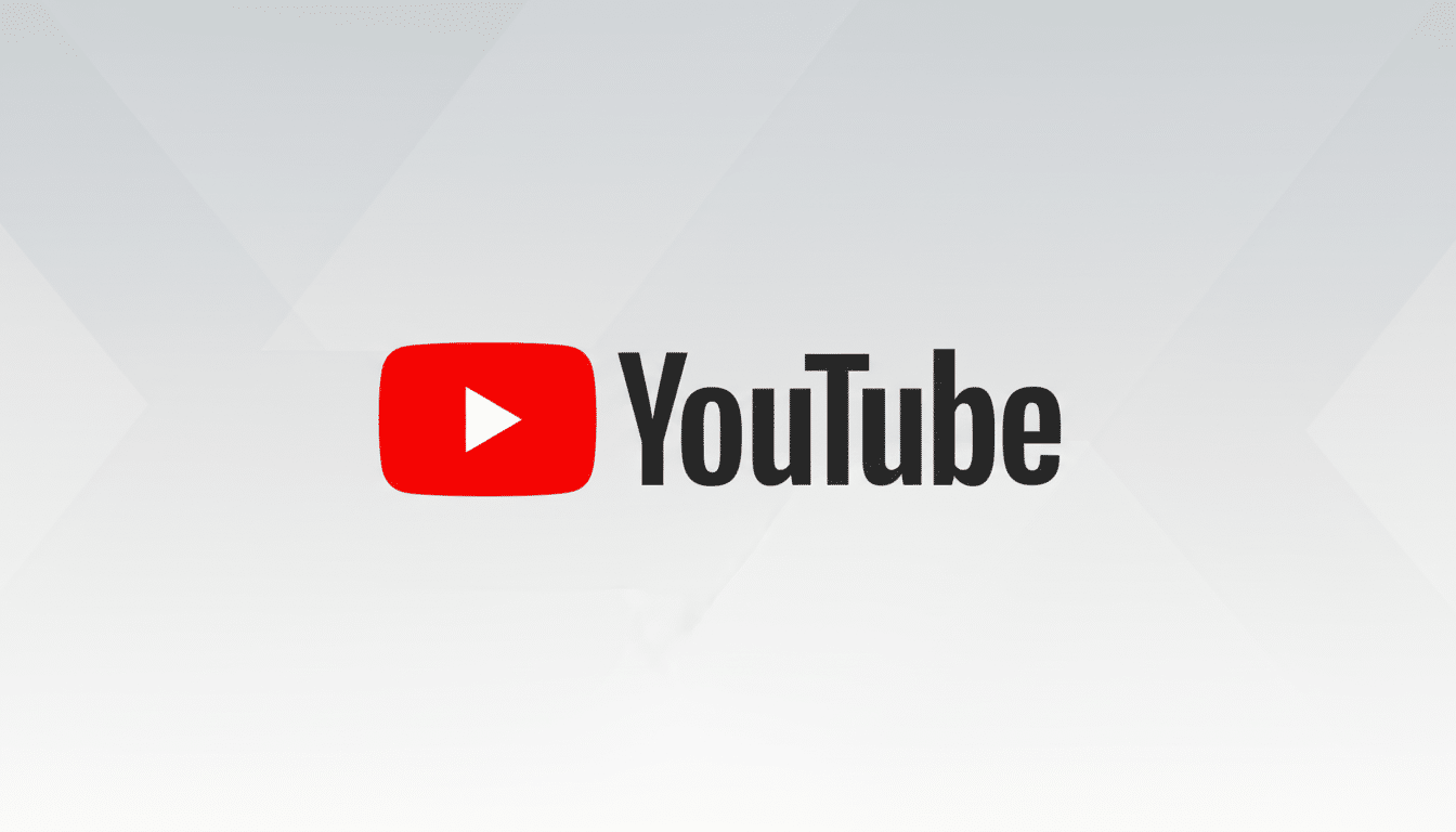 The YouTube logo, featuring a red play button icon next to the word YouTube in black text, set against a professional flat design background with soft gray gradients and subtle patterns.