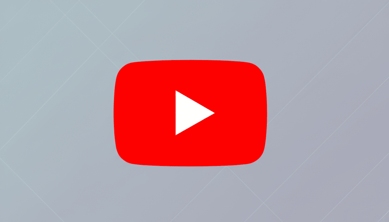 The YouTube logo, a red rectangle with rounded corners and a white play icon in the center, set against a professional flat gray background with subtle diagonal patterns.