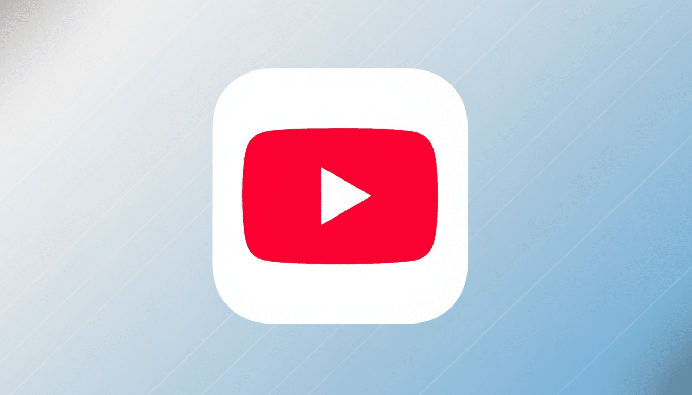 The YouTube app icon, featuring a red play button on a white rounded square, is presented on a professional 16:9 background with a soft blue gradient and subtle diagonal line patterns.