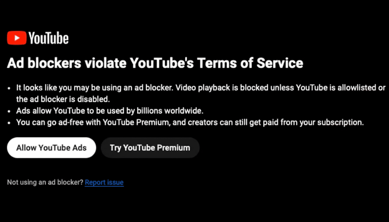 A screenshot of a YouTube message stating Ad blockers violate YouTubes Terms of Service on a black background.