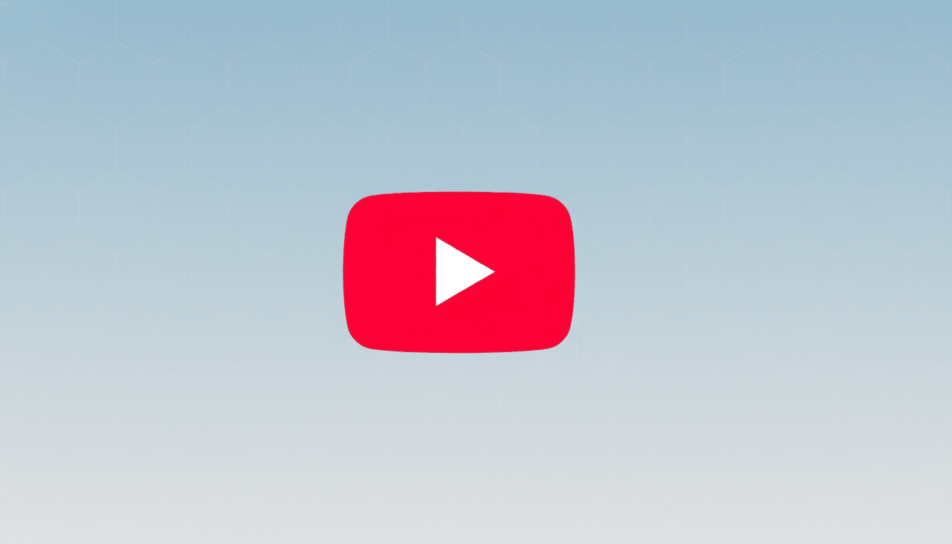 The YouTube logo, a red rectangle with rounded corners and a white play icon in the center, set against a professional light blue gradient background with a subtle hexagonal pattern.