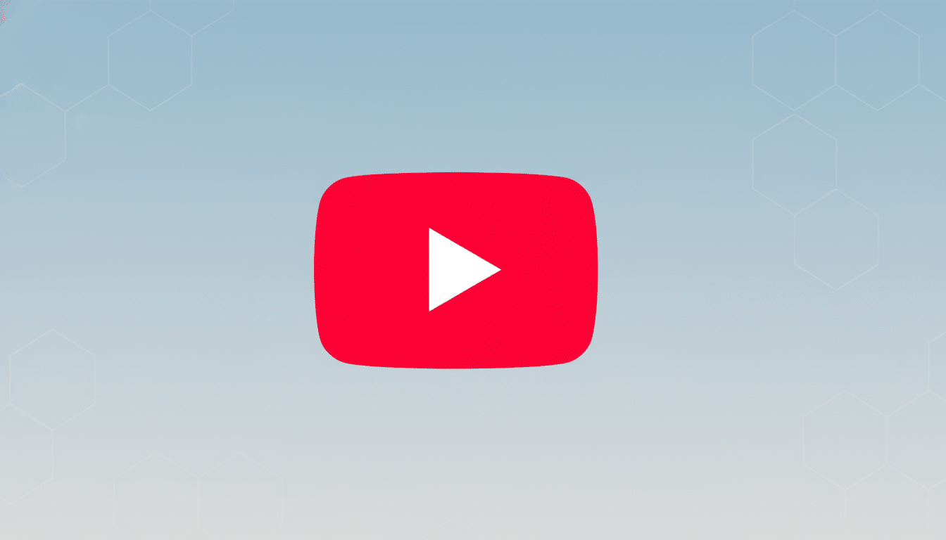 The YouTube logo, a red rounded rectangle with a white play icon in the center, set against a professional light blue background with subtle hexagonal patterns.