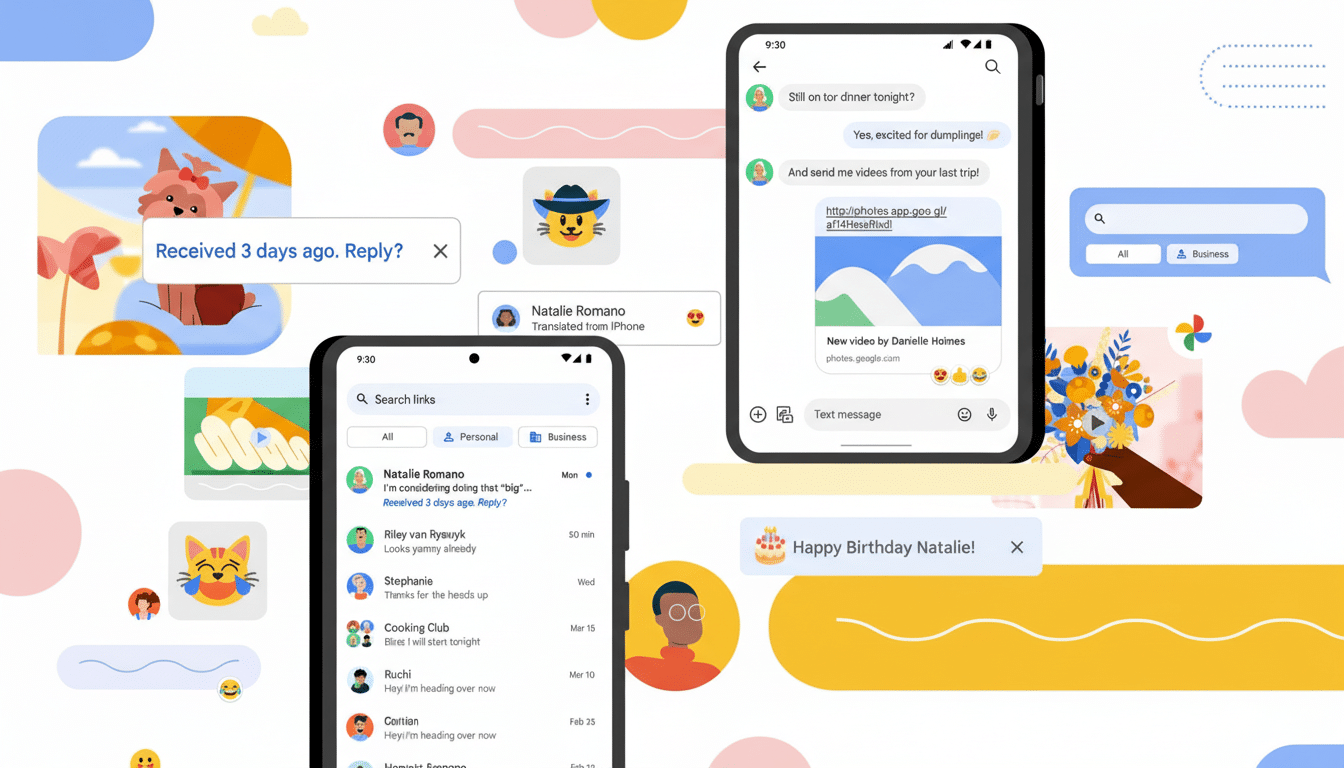 A professional, enhanced image of two smartphones displaying messaging apps, surrounded by various chat bubbles and cartoon elements, all set against a clean, light background.