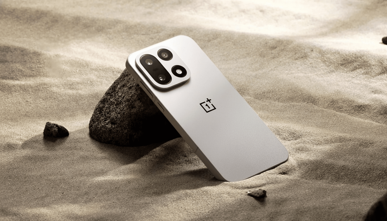 A light gray smartphone with a black camera module and the OnePlus logo on its back, leaning against a dark rock on a sandy surface.