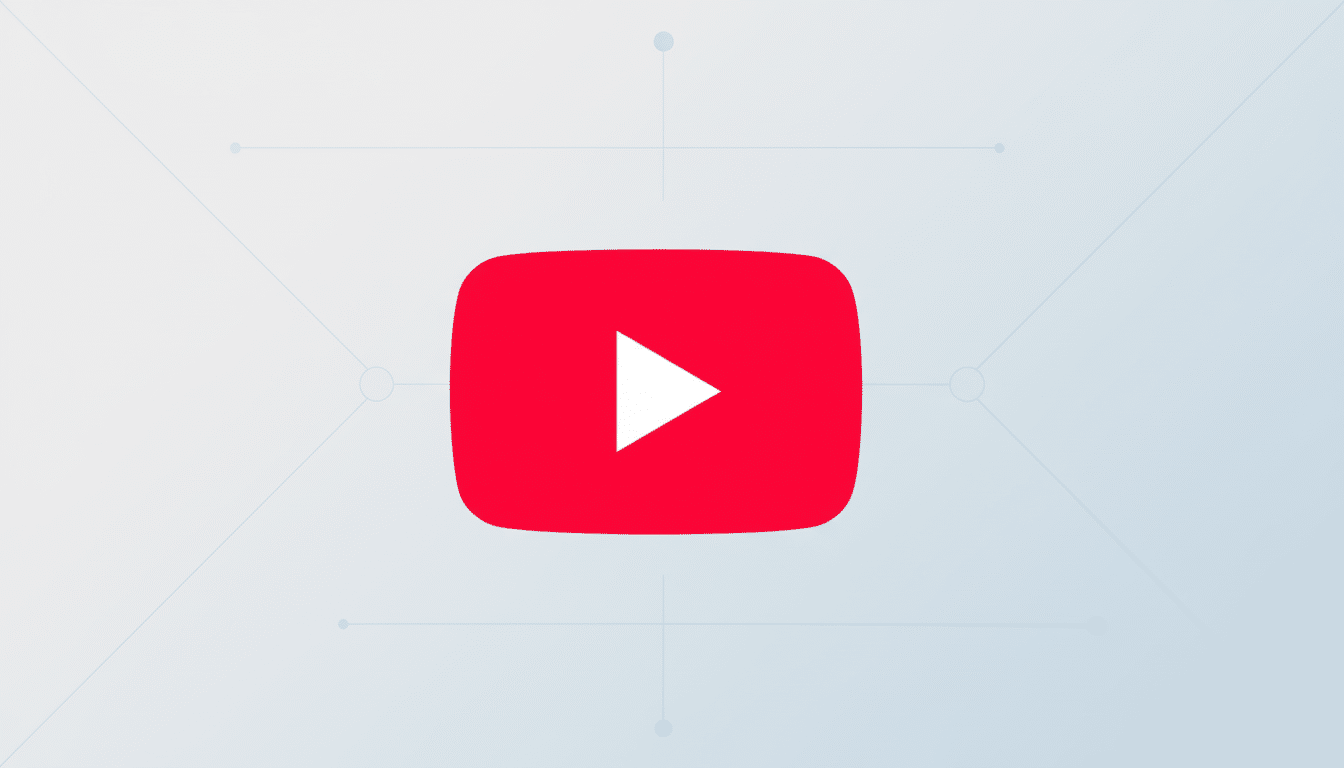 The YouTube logo, a red rectangle with rounded corners and a white play icon in the center, is presented on a professional flat design background with soft patterns and gradients.