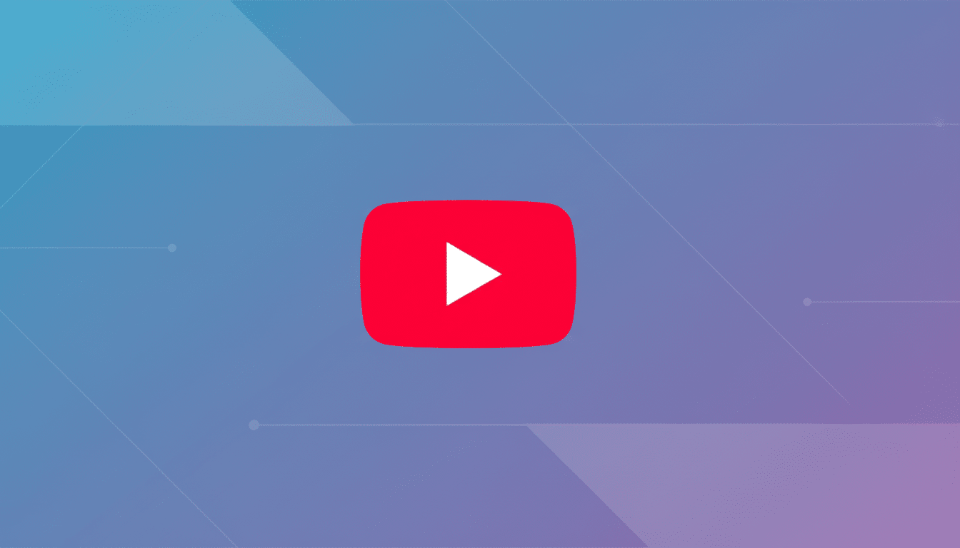 The YouTube logo, a red rectangle with rounded corners and a white play icon, centered on a professional flat design background with soft blue and purple gradients and subtle geometric patterns.