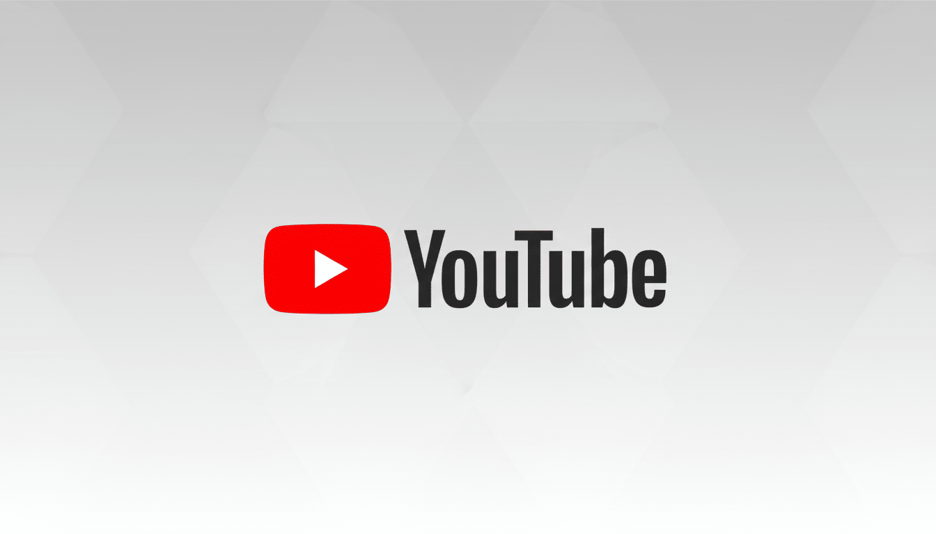 The YouTube logo, featuring a red play button icon next to the word YouTube in black text, centered on a professional light gray background with subtle geometric patterns.