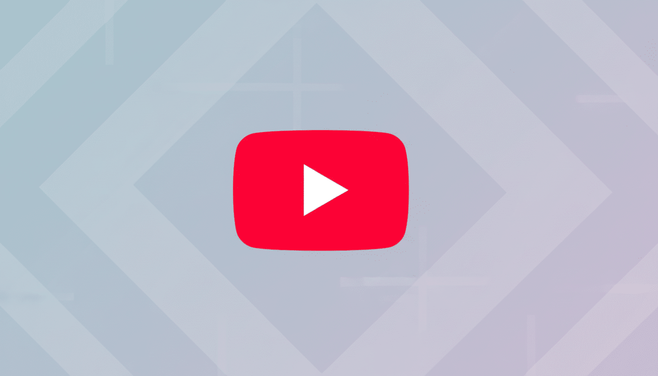 The YouTube logo, a red rectangle with rounded corners and a white play icon in the center, set against a professional flat design background with soft gray and purple gradients and subtle geometric patterns.