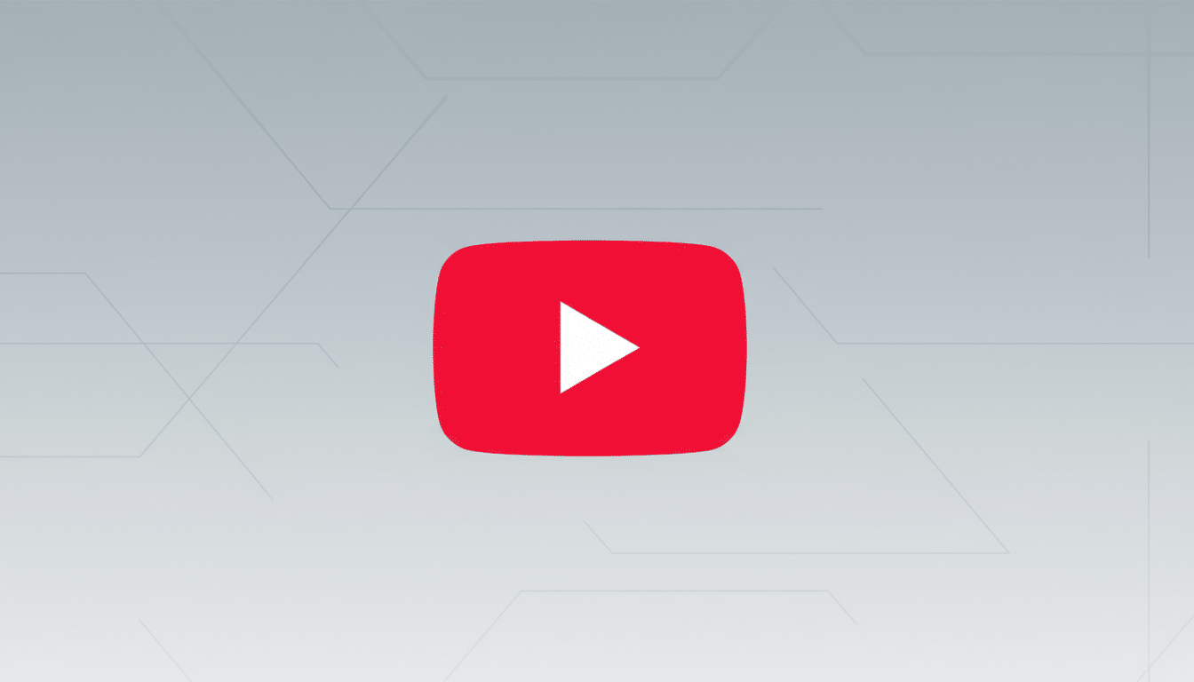 The YouTube logo, a red rounded rectangle with a white play icon in the center, is presented on a professional flat design background with soft gray gradients and subtle geometric patterns.