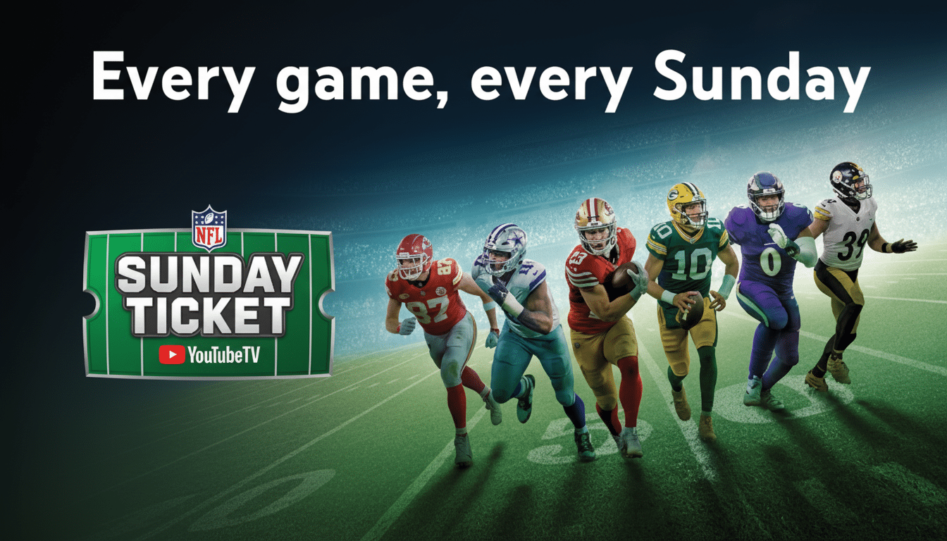 An NFL Sunday Ticket advertisement with the text Every game, every Sunday above several football players in action on a field, and the NFL Sunday Ticket logo with YouTube TV branding.