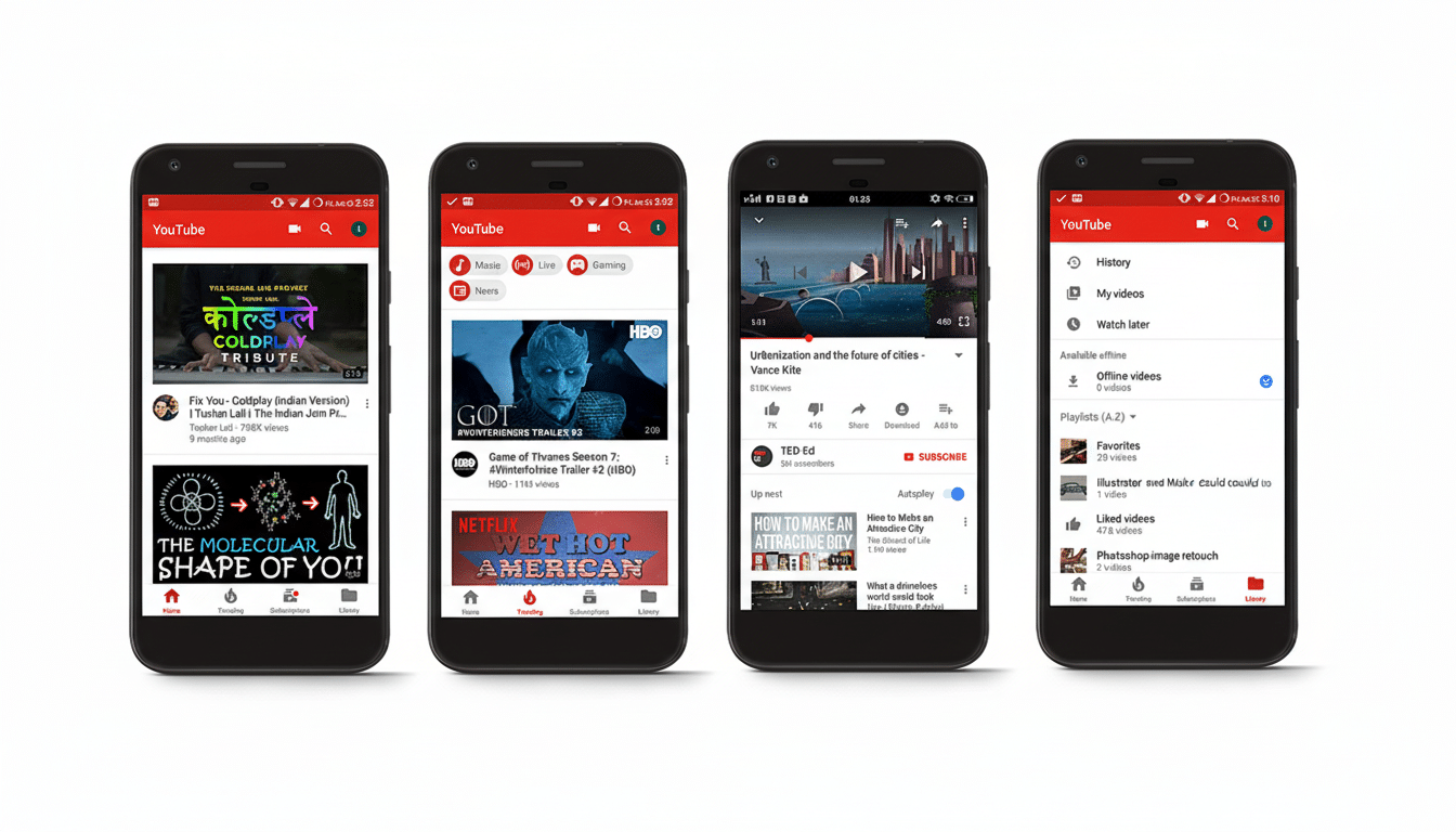 Four mobile phones displaying different screens of the YouTube app.