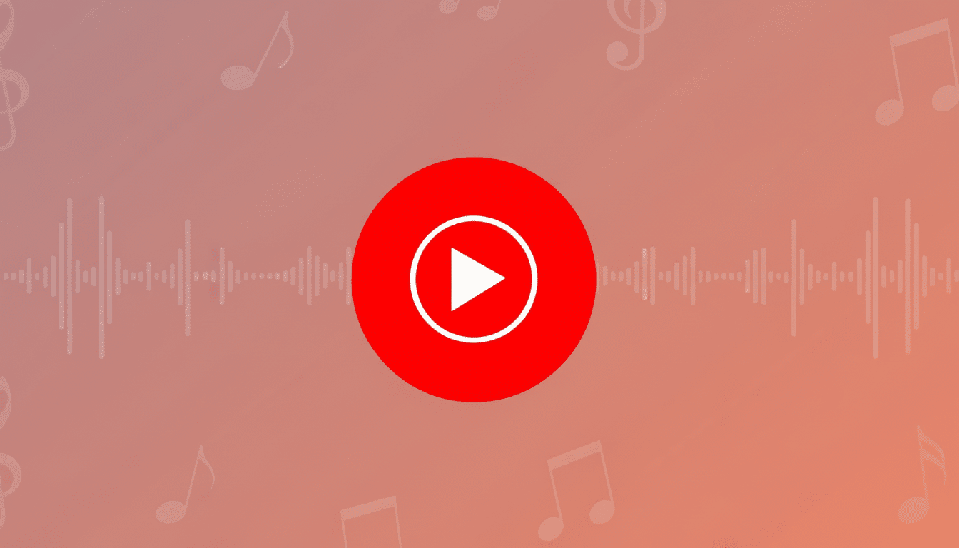 A 16:9 aspect ratio image featuring the YouTube Music logo, a white play button icon within a white circle, centered on a red circular background. The background is a professional flat design with a soft gradient from light orange to light pink, adorned with subtle musical notes and sound wave patterns.