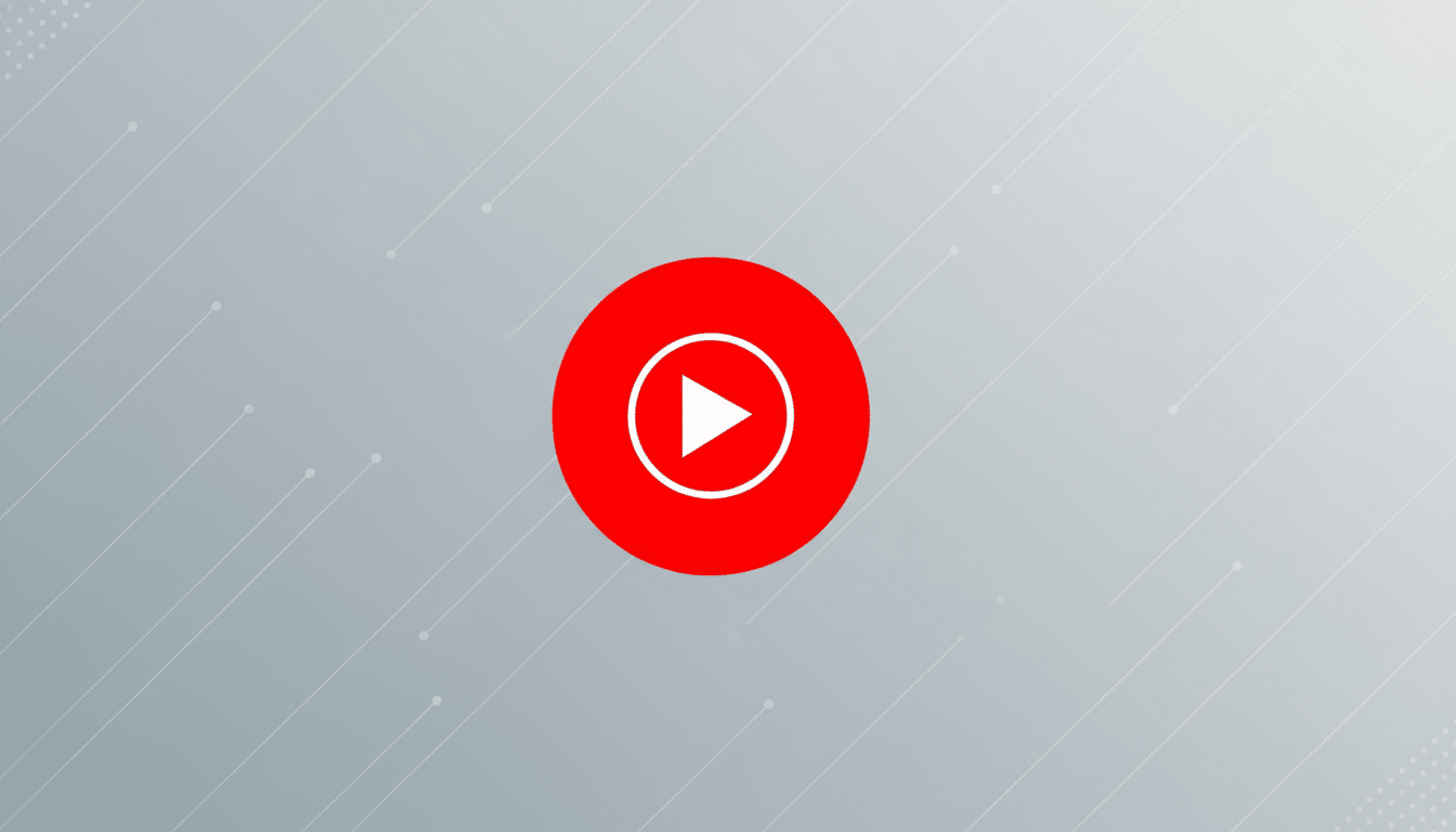 A red circle with a white play button icon in the center, set against a professional gray background with subtle diagonal lines and dots.