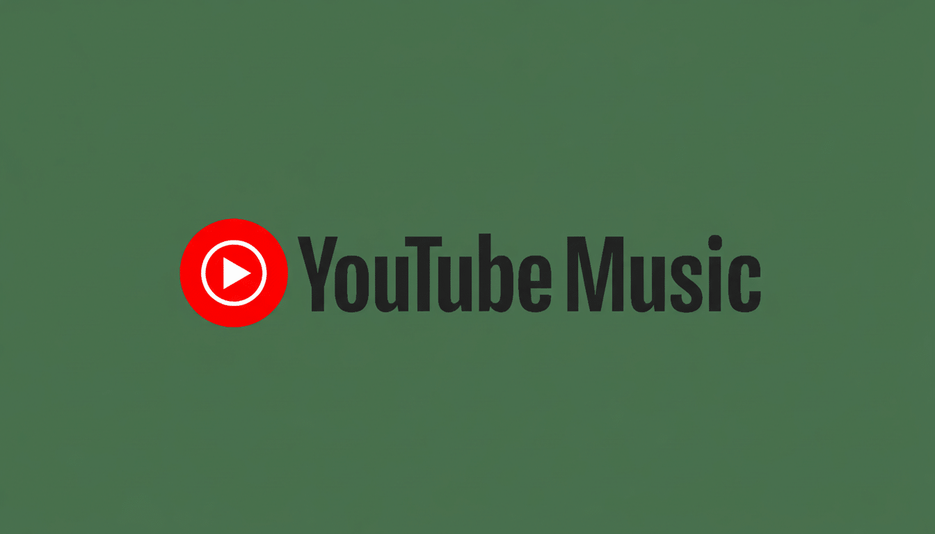 The YouTube Music logo, featuring a red play button icon within a white circle, followed by the words YouTube Music in dark gray text, all set against a solid dark green background.
