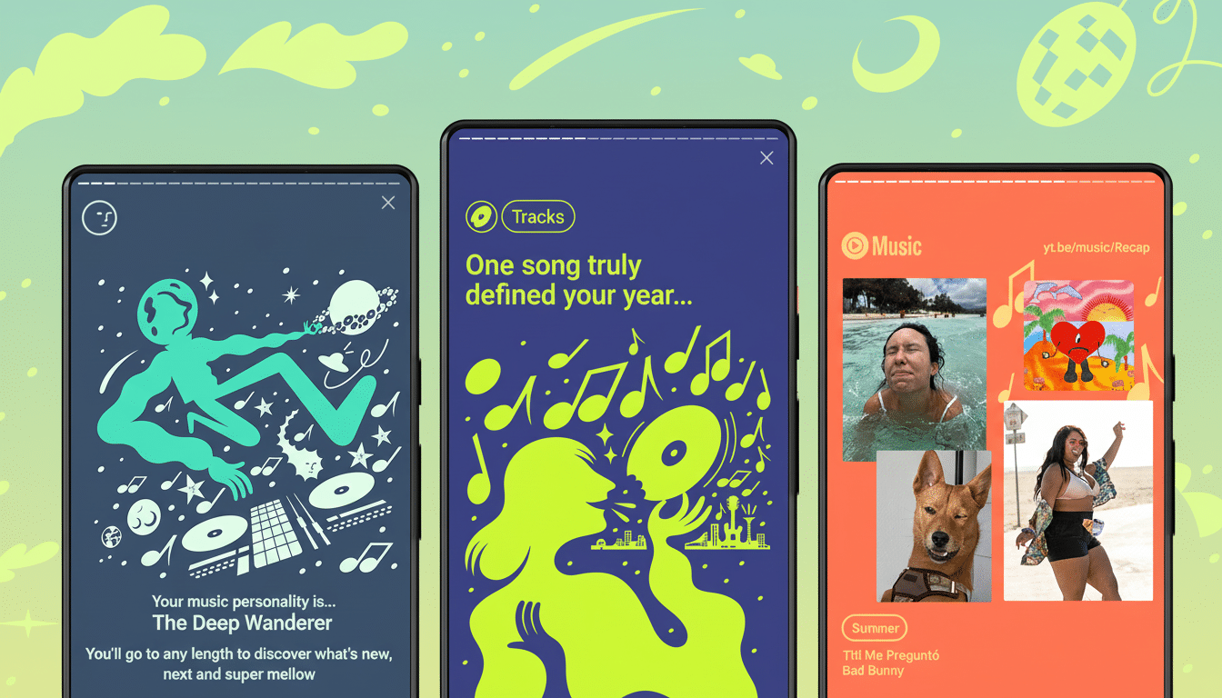 Three mobile phones displaying music recap screens. The left phone shows a teal abstract figure with text The Deep Wanderer. The middle phone has a yellow figure with musical notes and text One song truly defined your year... The right phone shows various images including a woman in water, a cartoon heart, a dog, and a woman posing, with text Summer and Titi Me Preguntó Bad Bunny.