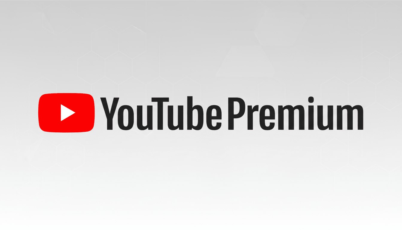 The YouTube Premium logo, featuring the red YouTube play button icon followed by the words YouTube Premium in black text, set against a professional light gray background with subtle hexagonal patterns.