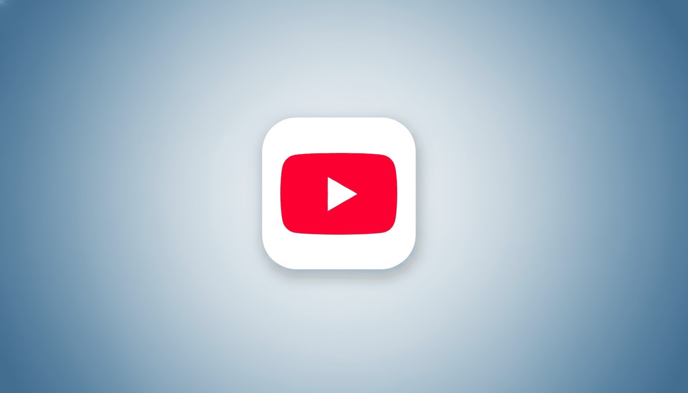The YouTube app icon, a red play button on a white rounded square, centered on a professional light blue gradient background.