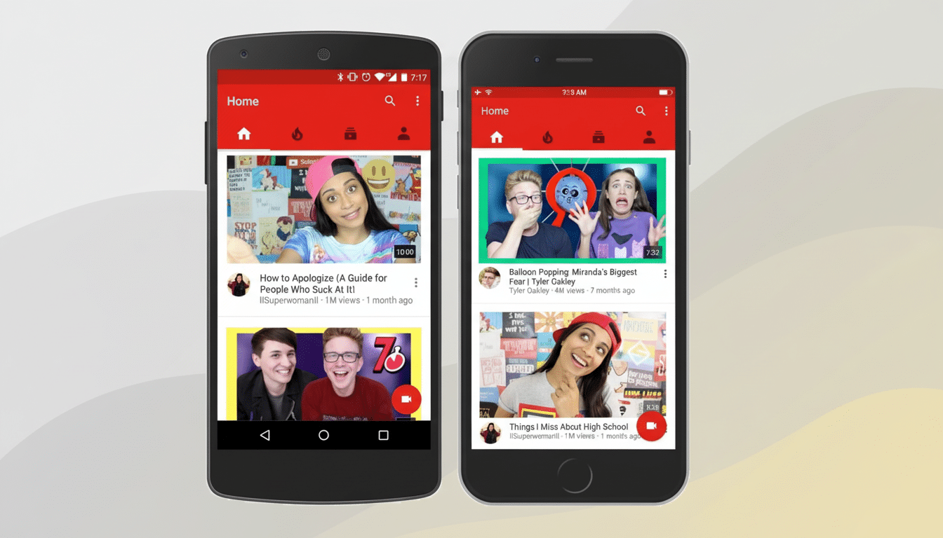 Two smartphones displaying the YouTube app interface, with the image resized to a 16:9 aspect ratio and a professional flat design background with soft patterns.