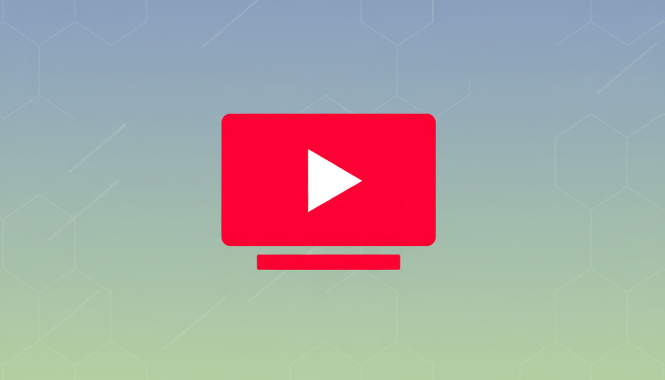 A red YouTube TV icon with a white play button in the center, set against a professional flat design background with soft blue and green gradients and subtle hexagonal patterns.