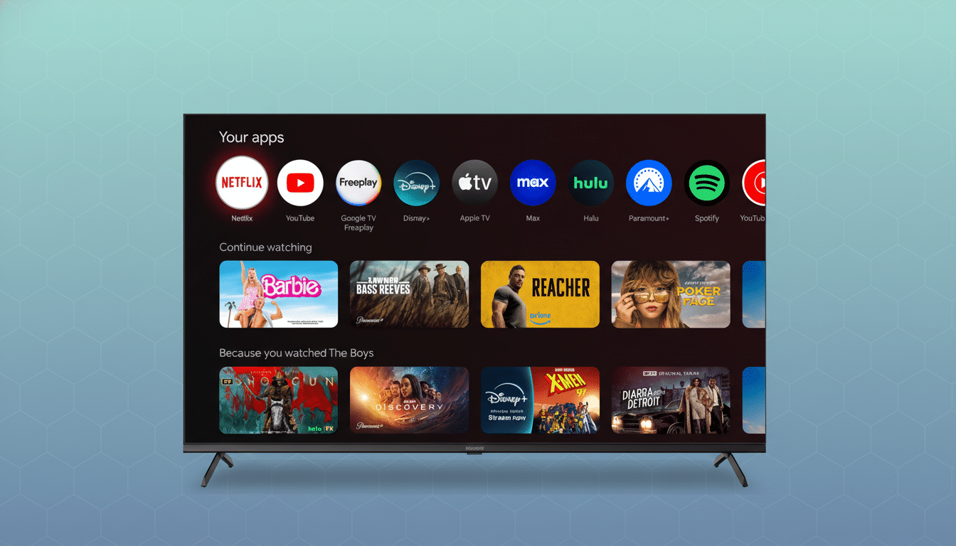 A smart TV displaying various streaming app icons and content, set against a professional blue background with a subtle wave pattern.