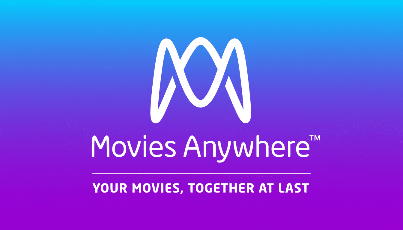 The Movies Anywhere logo and tagline YOUR MOVIES, TOGETHER AT LAST on a blue and purple gradient background, resized to a 16:9 aspect ratio.