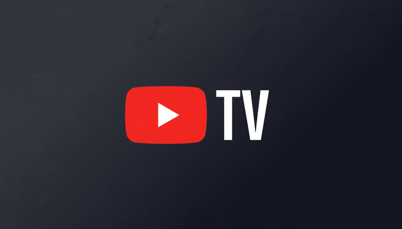 The YouTube TV logo, featuring a red play button icon next to the white text TV, set against a professional dark gray background with subtle patterns.