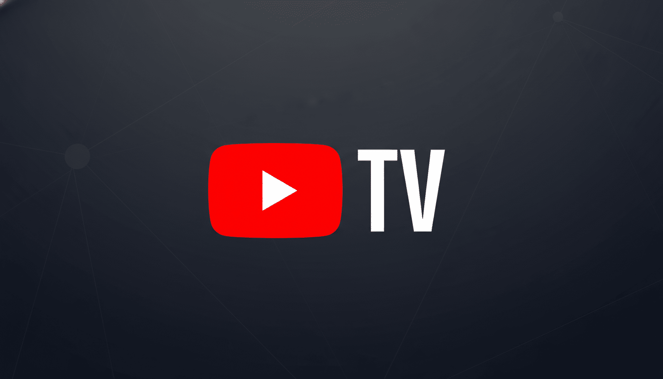 The YouTube TV logo, featuring a red play button icon next to the white text TV, set against a professional dark grey background with subtle geometric patterns.
