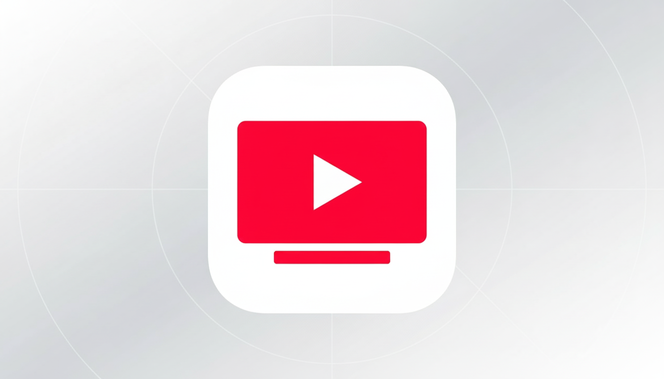 A 16:9 aspect ratio image of the YouTube TV app icon, featuring a red television screen with a white play button, set against a professional flat design background with soft gray patterns.