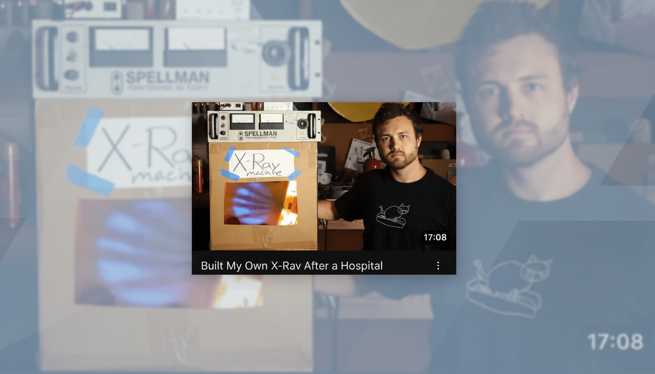 A YouTube video thumbnail featuring a man next to a homemade X-ray machine, with the title Built My Own X-Ray After a Hospital. The image is resized to a 16:9 aspect ratio, maintaining the original background.