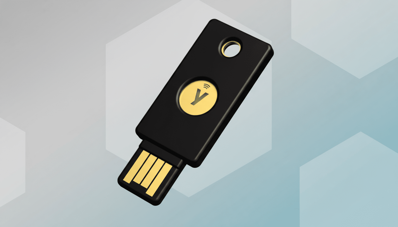 A black YubiKey security key with a gold Y logo and a USB-A connector, presented on a professional flat design background with soft gray and blue gradients and subtle hexagonal patterns.