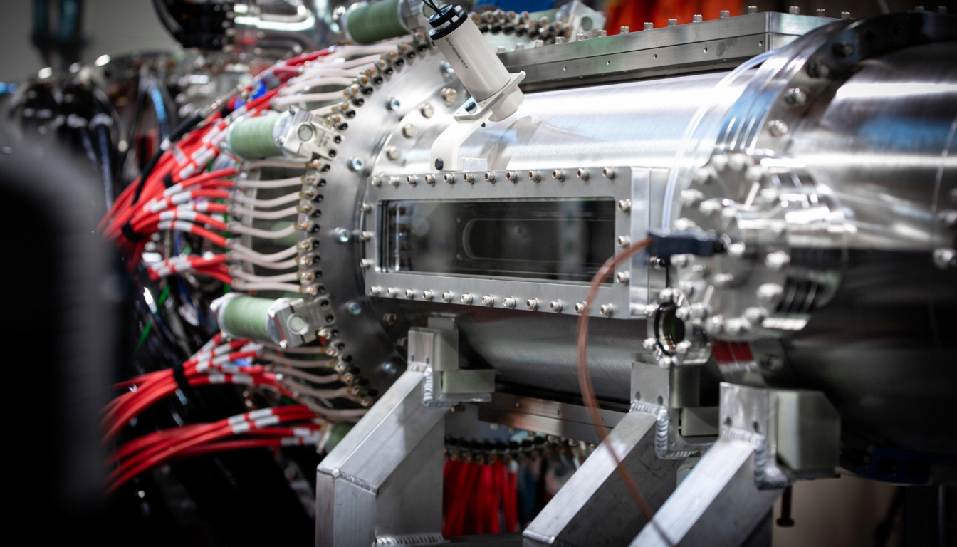 A close-up, professionally enhanced image of a complex scientific instrument with a 16:9 aspect ratio. The instrument is made of polished metal, featuring numerous wires, tubes, and a rectangular viewing window, set against its original, slightly blurred background.