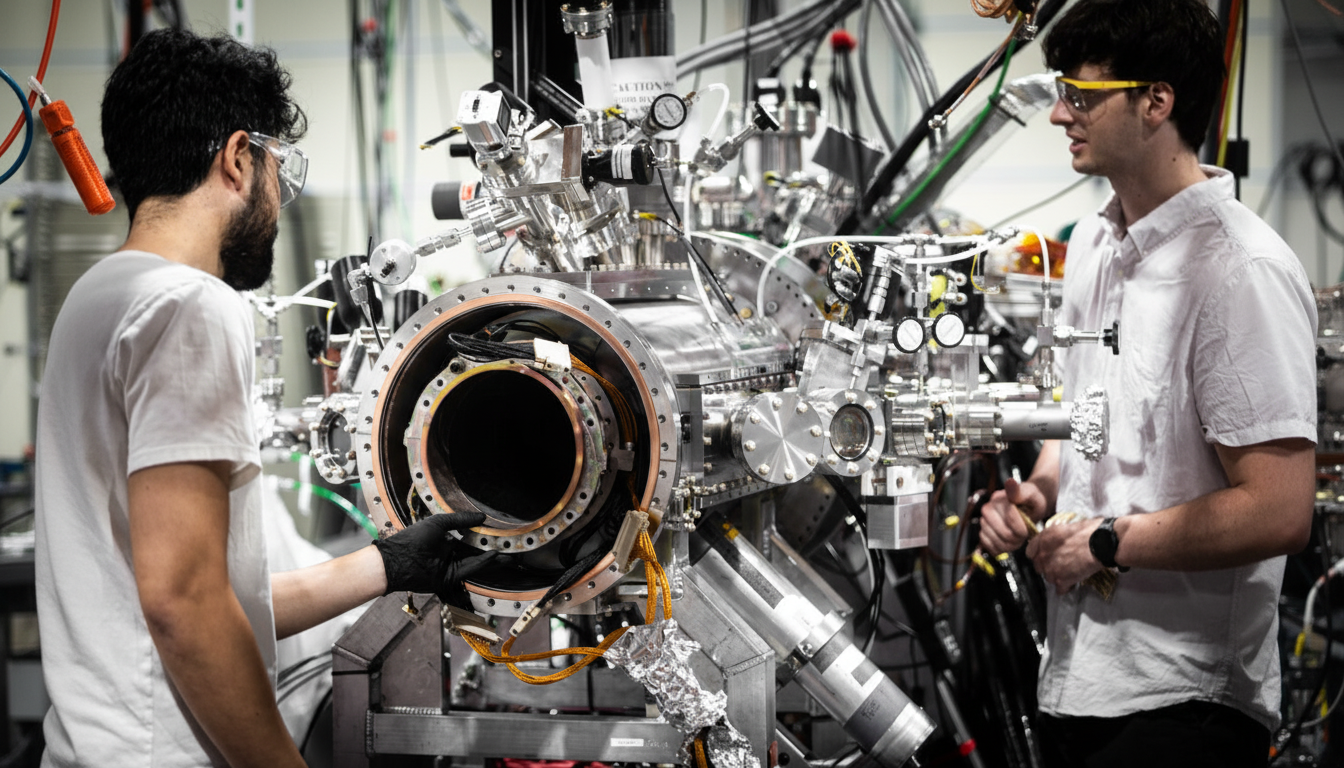 Two men in a lab, one wearing safety glasses and a black glove, working on complex scientific equipment.
