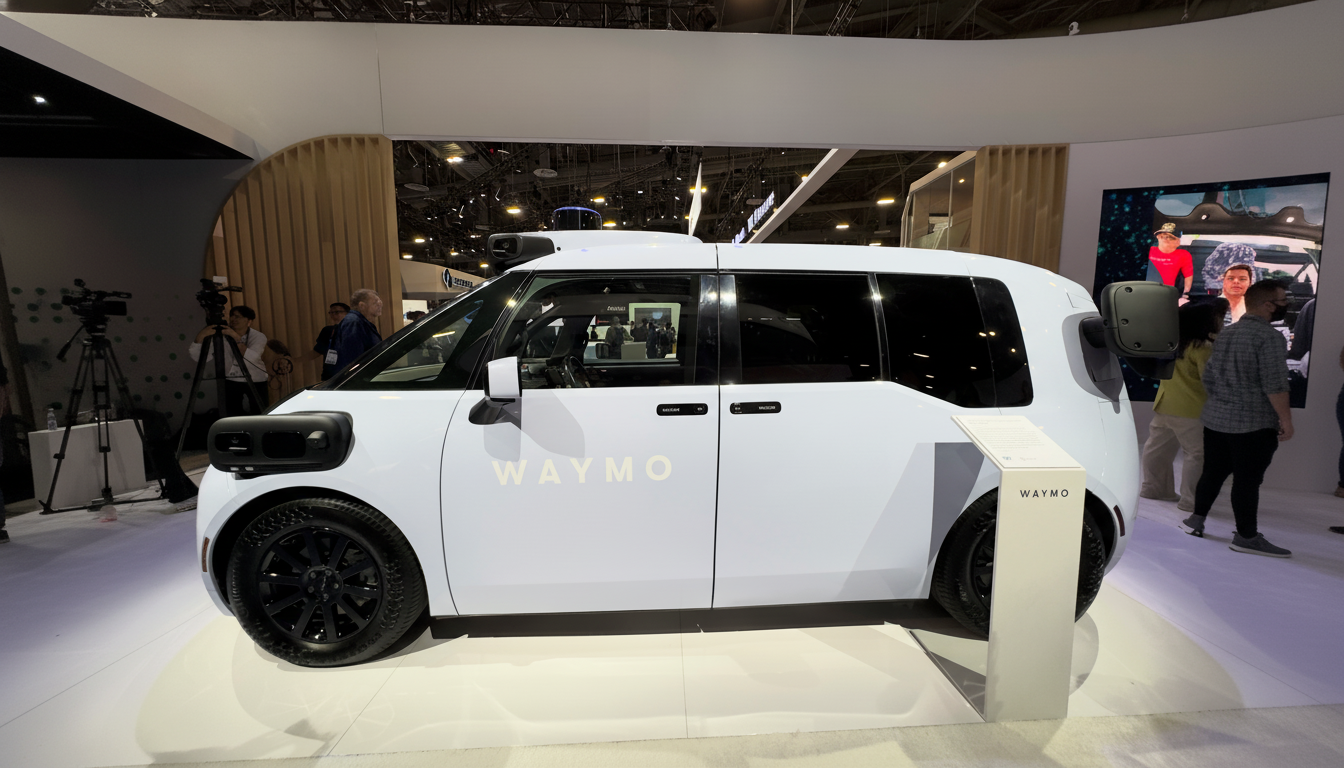 A white Waymo autonomous vehicle on display at an exhibition, with people in the background.