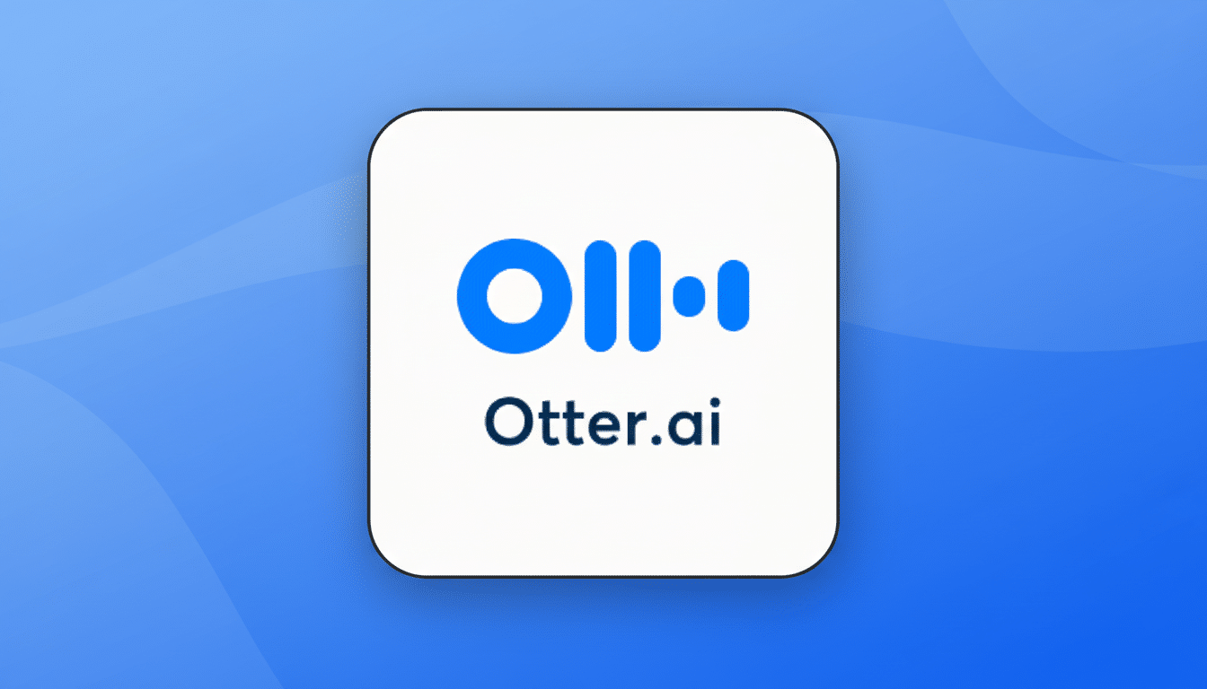 The Otter.ai logo, featuring a blue abstract waveform icon above the text Otter.ai, centered on a white rounded square, against a professional blue gradient background with subtle wave patterns.