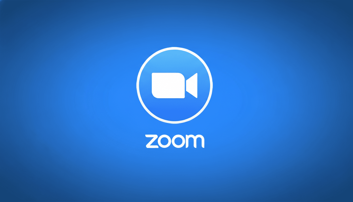 The Zoom logo, featuring a white video camera icon within a white circle, centered on a blue background with a subtle gradient, resized to a 16:9 aspect ratio.