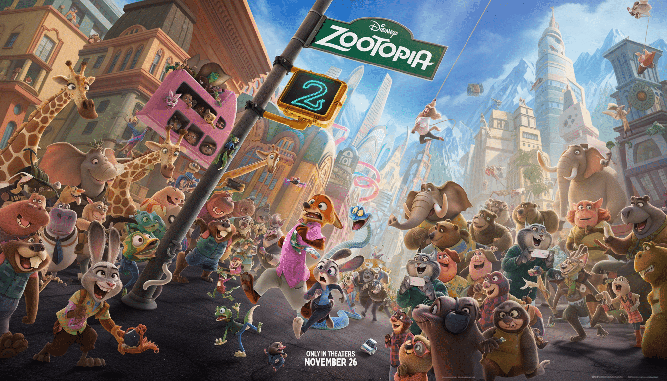 A wide, vibrant movie poster for Disneys Zootopia 2, showing a bustling city street filled with various anthropomorphic animals. In the foreground, characters like Judy Hopps and Nick Wilde are prominent, with a large crowd of other animals behind them. A street sign for Zootopia and a traffic light displaying 2 are visible. The background features a detailed cityscape with mountains in the distance. The bottom of the poster includes the text ONLY IN THEATERS NOVEMBER 26.