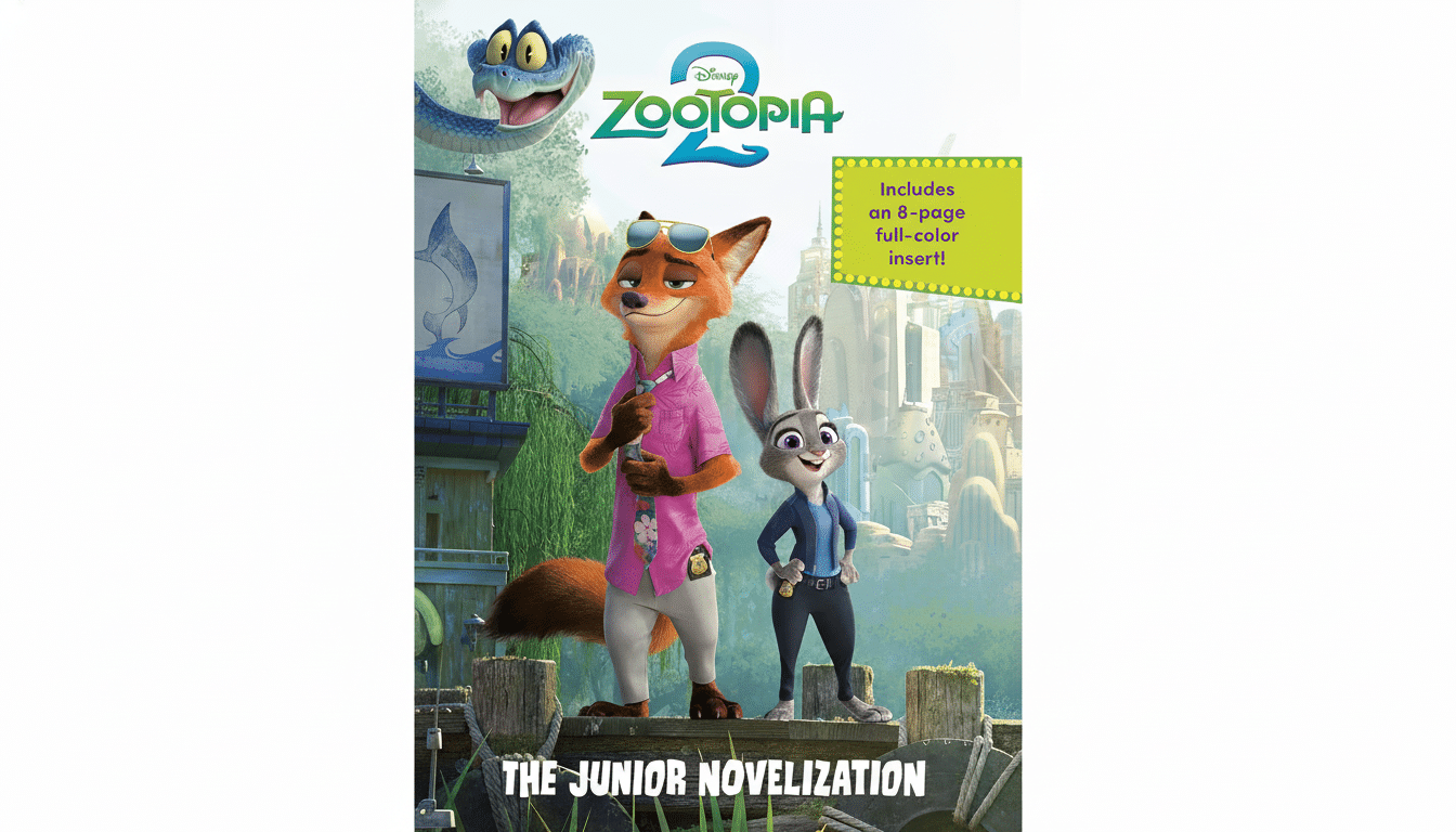 The cover of Disney Zootopia 2: The Junior Novelization featuring Nick Wilde and Judy Hopps standing on a wooden dock, with a snake character above them and a city in the background.