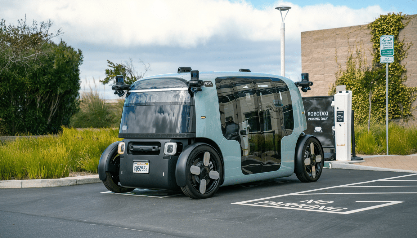 A light blue autonomous robotaxi is parked in a lot with a ROBOTAXI PARKING ONLY sign.