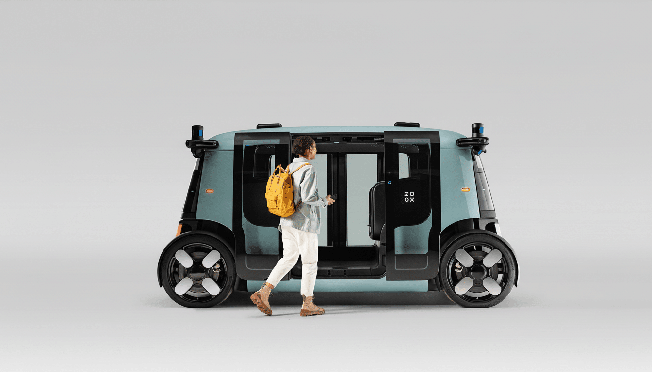 A woman with a yellow backpack walking towards the open door of a light blue autonomous vehicle.