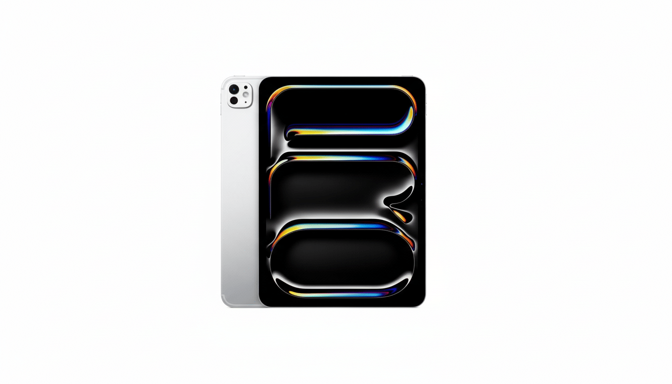 A silver iPad Pro with a black screen displaying a colorful, abstract design, set against a clean white background.