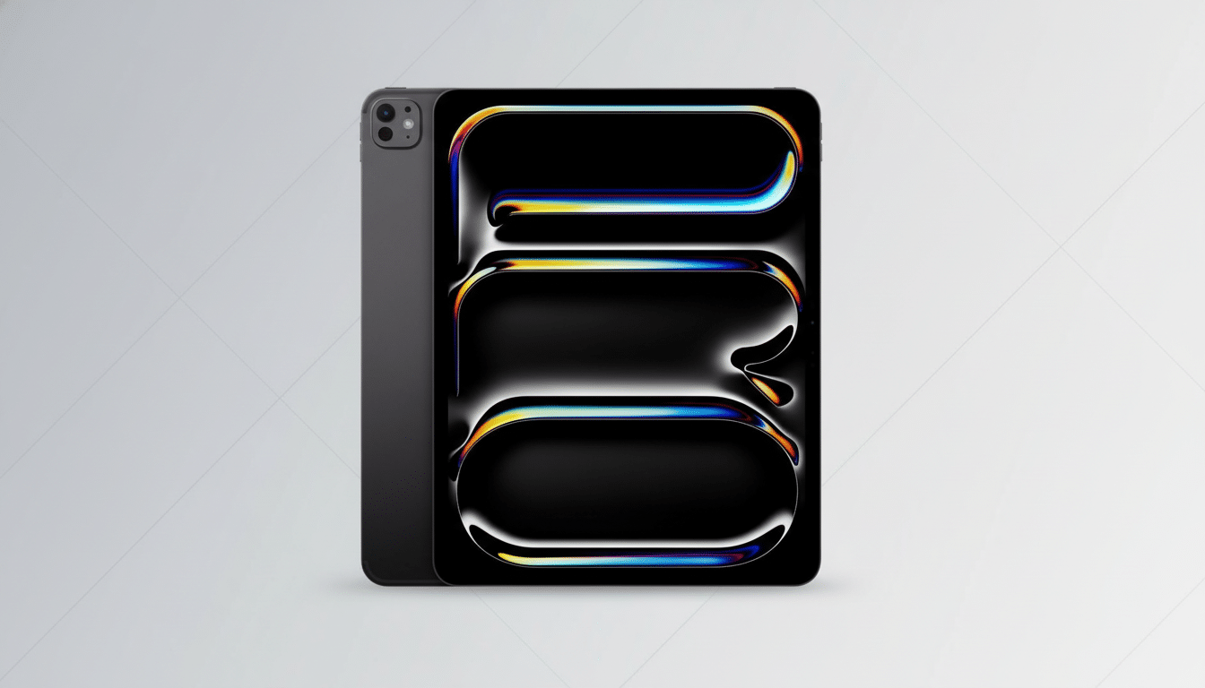 A dark gray iPad Pro with a black screen displaying a colorful abstract design, set against a light gray background with a subtle geometric pattern.